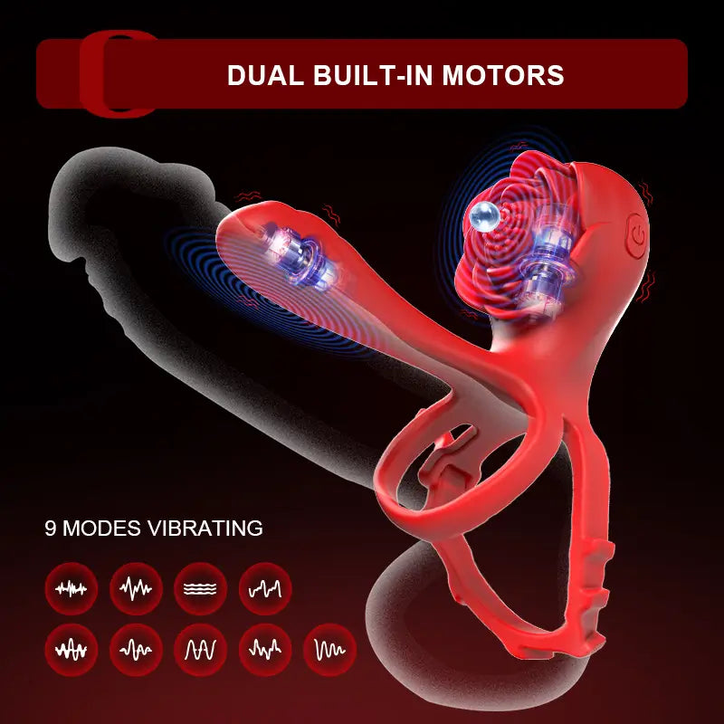 PR8 - Rose Vibrating Cock Ring with Dual Motors & Remote Control for Couples